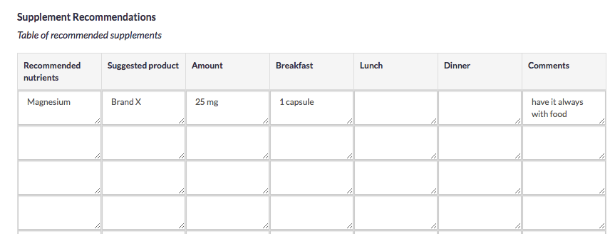 ehr for nutritionists | supplements table