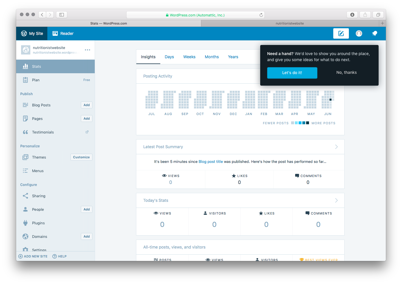 dashboard and stats nutritionist website