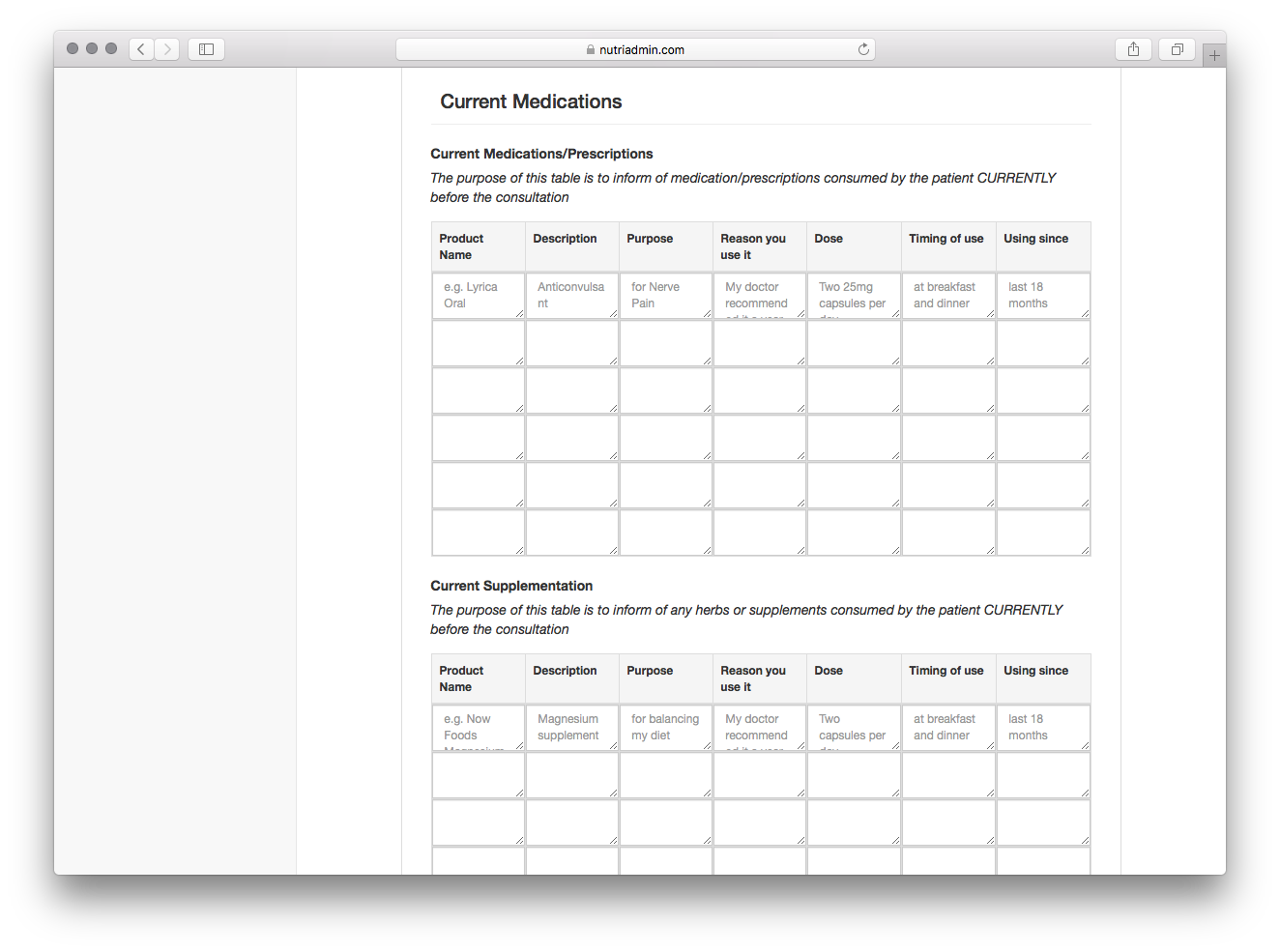 nutritionist questionnaire