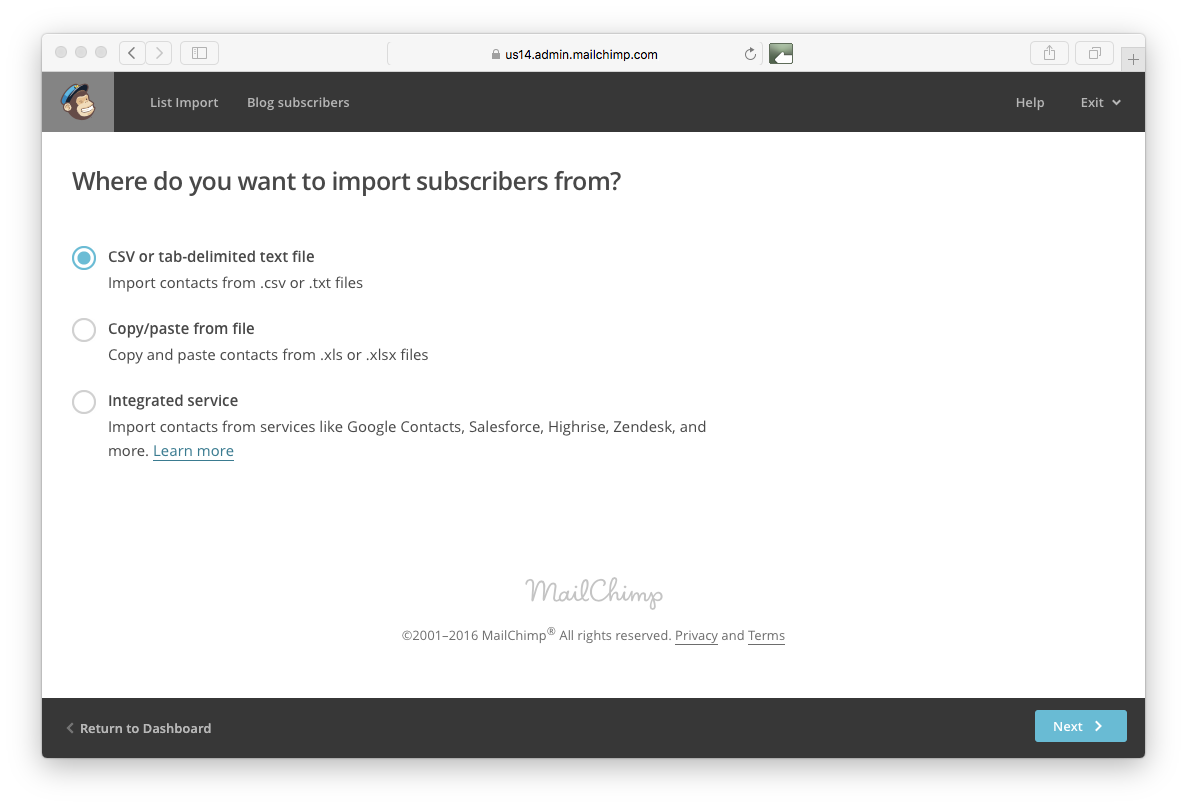 importing to mailchimp